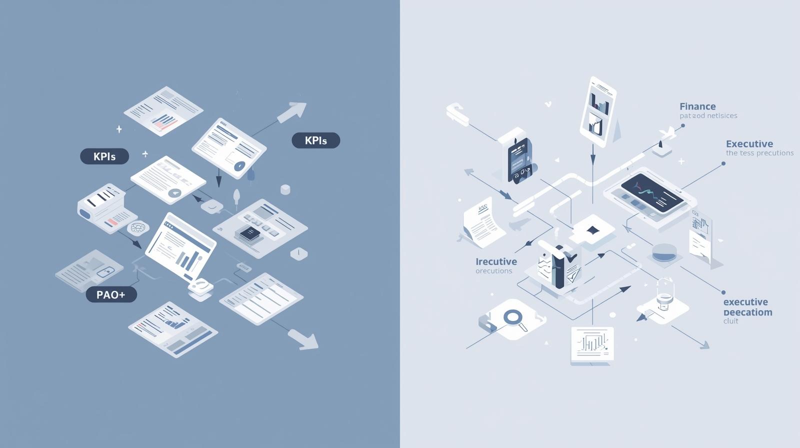 Isometric illustration of business data analysis and executive decision-making processes.